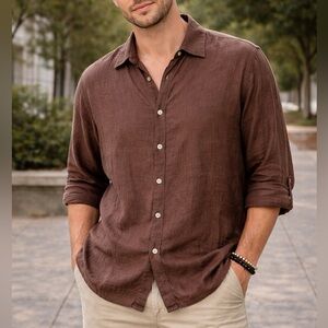 Avenue Men’s Brown Linen Blend Button Front Shirt Size 18/20